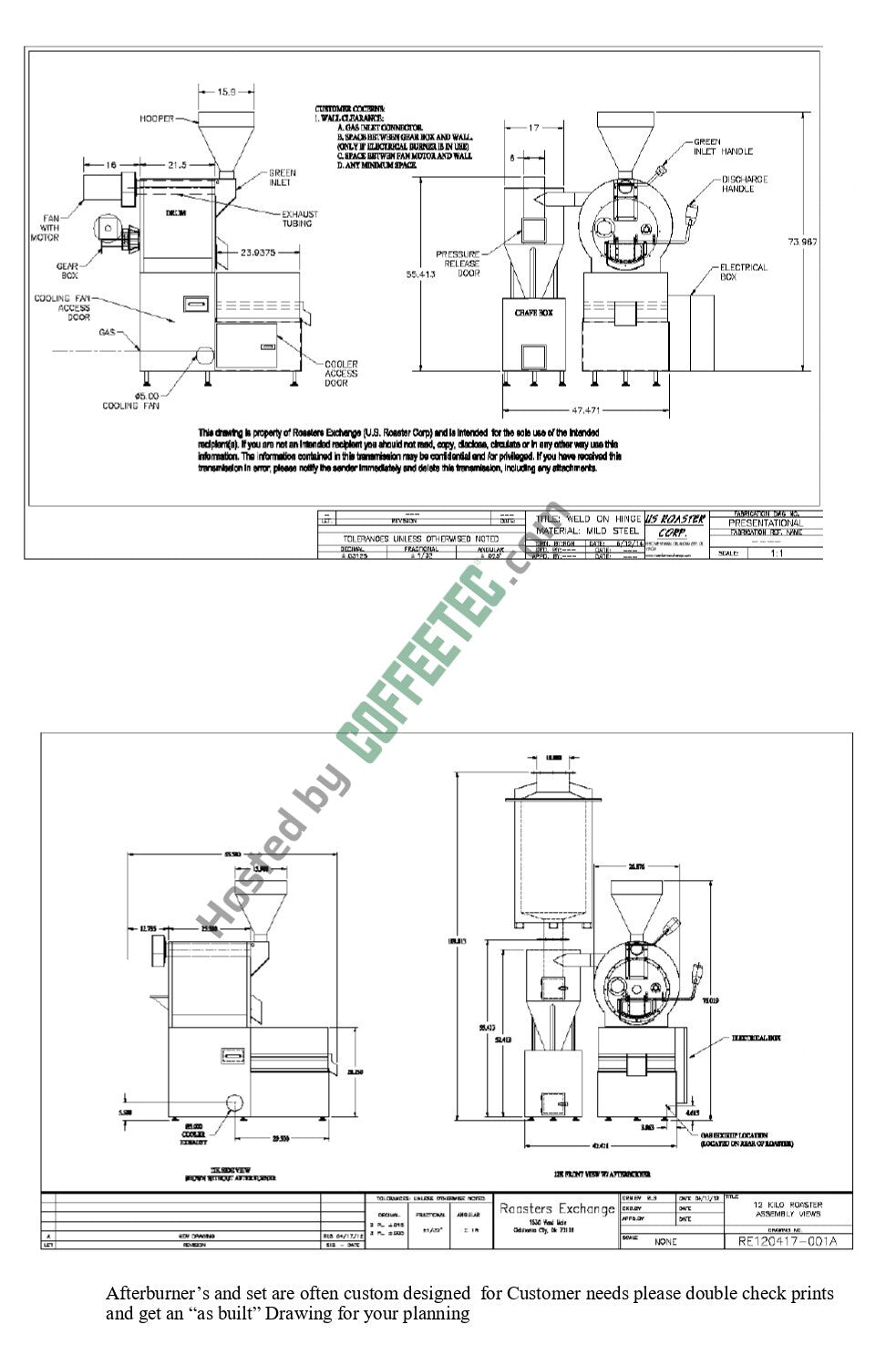12 Kilo US Roaster Corp Millennium 2009 Engineering Drawing Image