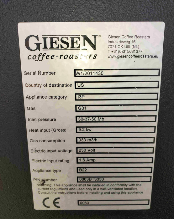 1 Kg Giesen W1-A Coffee Roaster - 2020 - Very Good Condition - Used