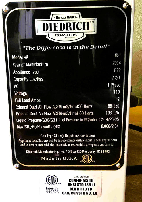 1 kg Diedrich IR-1 Coffee Roaster - 2014 - Excellent Condition - Used