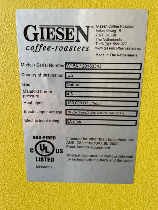 15Kilo Giesen W15 Coffee Roaster - 2019 Model - Used