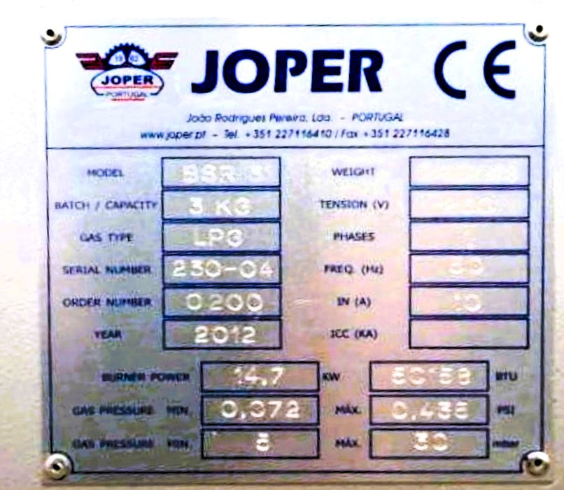 3 kg - Joper BSR-3 Roaster - 2012 - Excellent Condition - Used