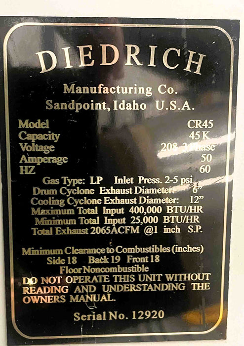 45 kg - Diedrich CR-45 Mini Plant - 2005 Model - Excellent Condition - Used