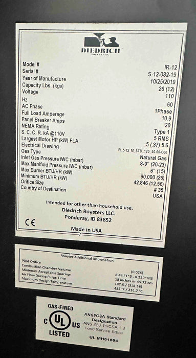 12 kg Diedrich IR-12 Roaster - 2019 - Excellent Condition - Used