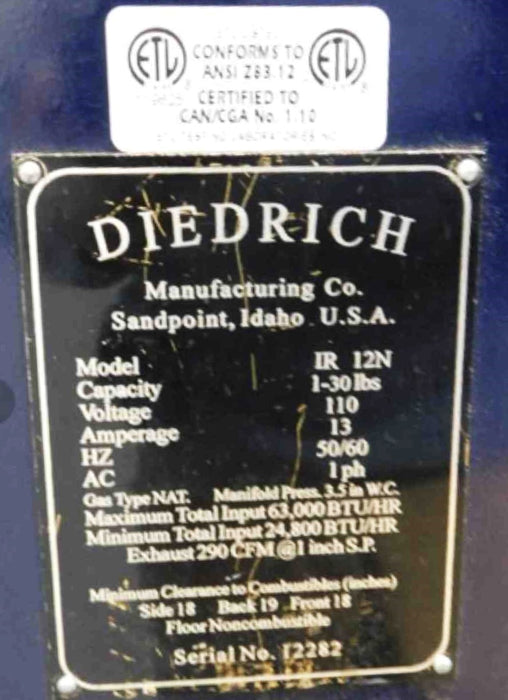 12 kg Diedrich IR-12 Coffee Roaster - 1999 - Good Condition - Used