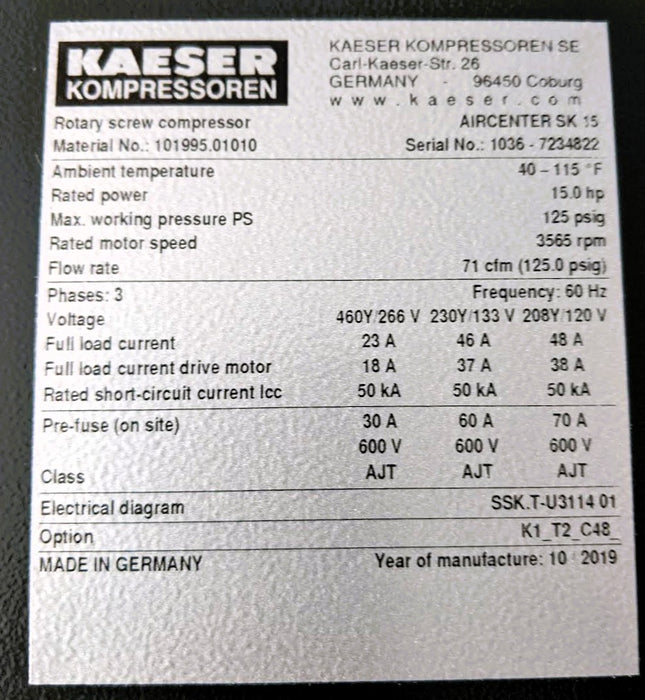 Kaeser SK15 Aircenter with Nitrogen Generator - 2019 Model Very Good Condition - Used