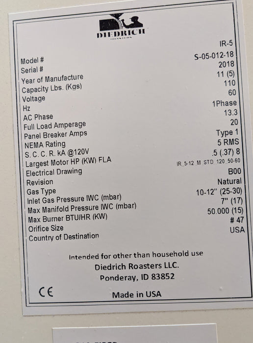 5 kilo Diedrich IR-5 Roaster - Beautiful 2018 Model with 6 Probe-Pak & VFD - Used