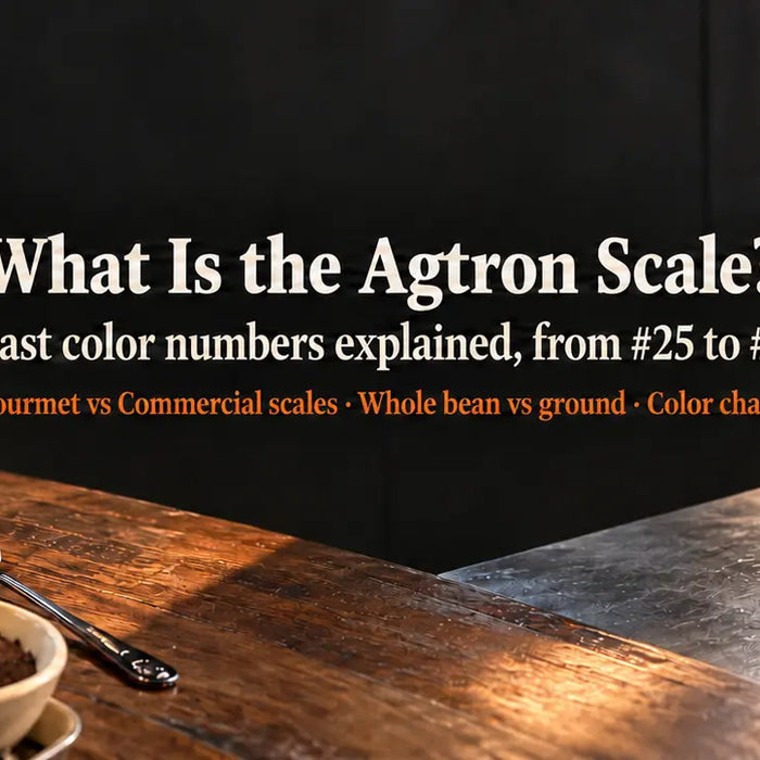 Agtron scale banner showing roast color numbers from dark to light for coffee roasters