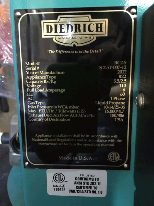 2.5k Diedrich IR-2.5 Roaster - 2012 Model - Good Condition