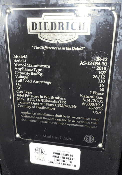 12 Kg Diedrich IR-12 Coffee Roaster - 2010 - Excellent Condition - Used