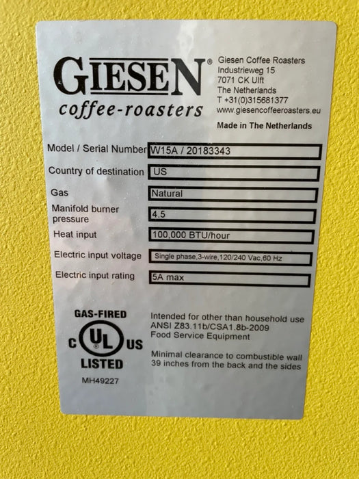 15 Kg - Giesen W15 Coffee Roaster - 2019 Model - Used