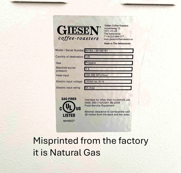 15 Kg Giesen W15A Roaster - 2018 - Excellent Condition - Used