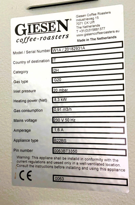 1 kg - Giesen W1A Shop Roaster - 2018 - Excellent Condition - Used