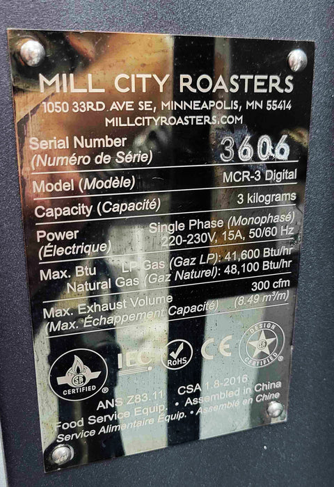 3 Kg - Mill City Roasters MCR-3D - 2022 Model - Excellent Condition - Used