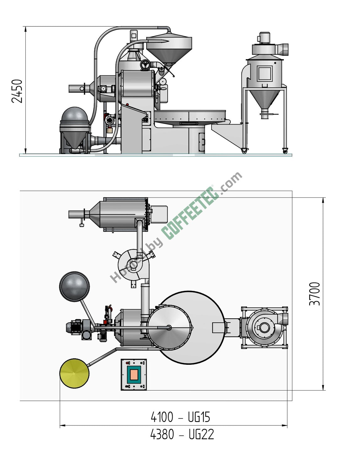 22 Kg Probat UG22 Coffee Roaster Engineering Drawing Image Side & Top View