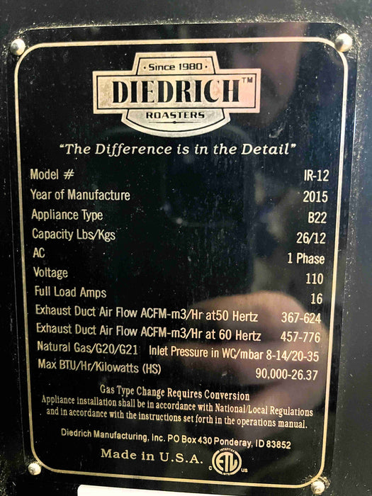 12 kg - Diedrich IR-12 - 2015 - Excellent Condition - Used