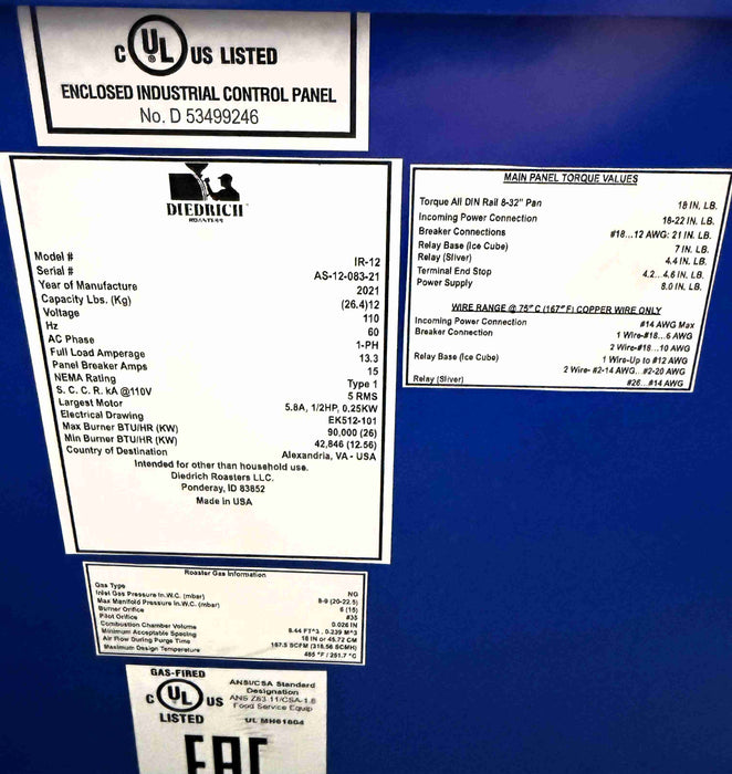 12 kg - Diedrich IR-12 Roaster - 2021 - Excellent Condition - Used