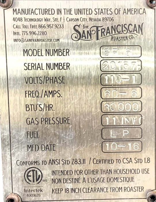 3 kg - San Franciscan SF-6 - 2016 - Excellent Condition - Used (Crating Included)