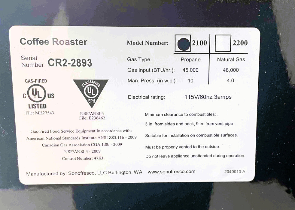 2 lb - Sonofresco Roaster CR2 - 2024 - Excellent Condition - Used