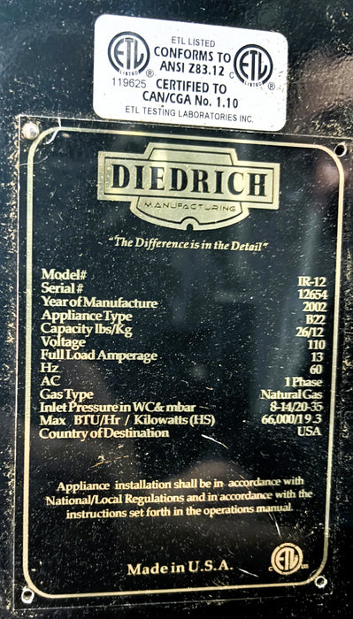 12 kg Diedrich IR-12  Fully Auto Coffee Roaster - 2002 - Excellent Condition - Used