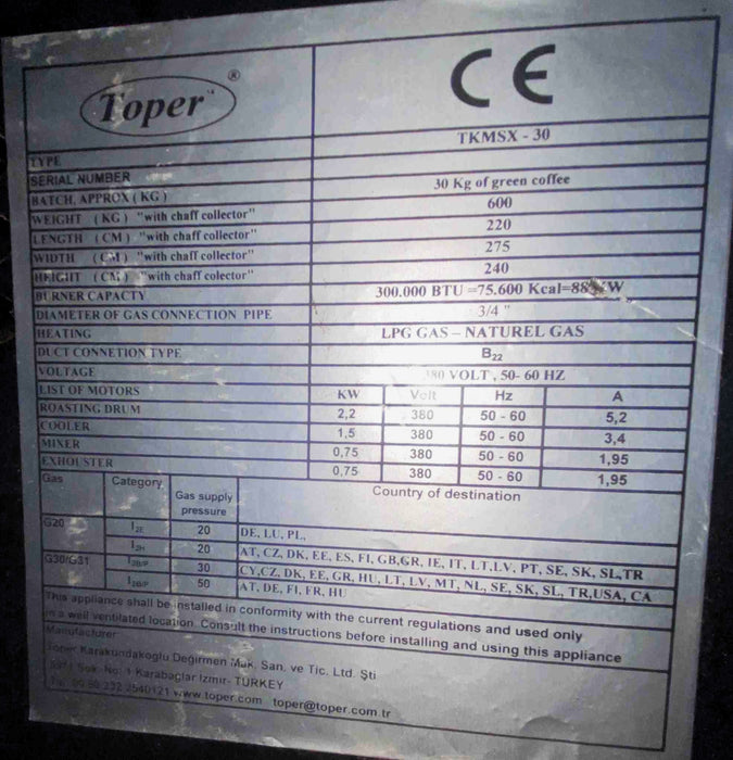 30 kg Toper TKMSX-30 Roaster - 2014 Model - Good Condition - Used