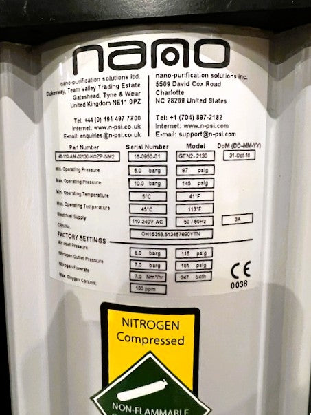 Nitrogen Generator - Nano Solutions GEN2 -2130 - 2016 Model - Very Good Condition - Used