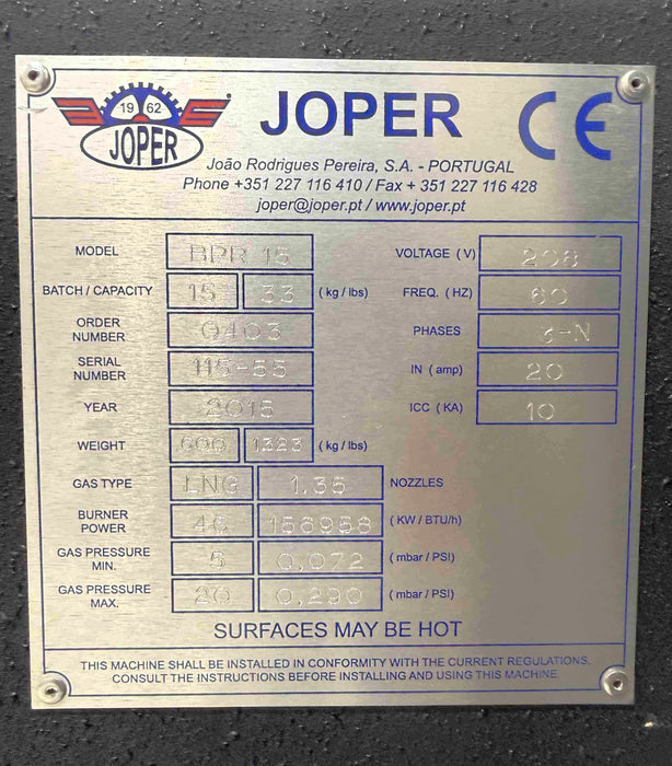 15 kg - Joper BPR-15 Coffee Roaster- 2015 - Good Condition - Used (Crating Included)