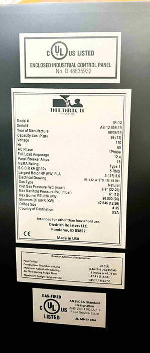 12 kg Diedrich IR-12A Fully Automated Roaster (Crating Included) - 2019 - Excellent Condition - Used