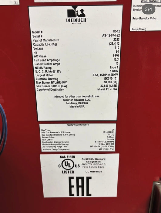12 kg - Diedrich IR-12A Automatic Roaster - 2023 - Excellent Condition - Used