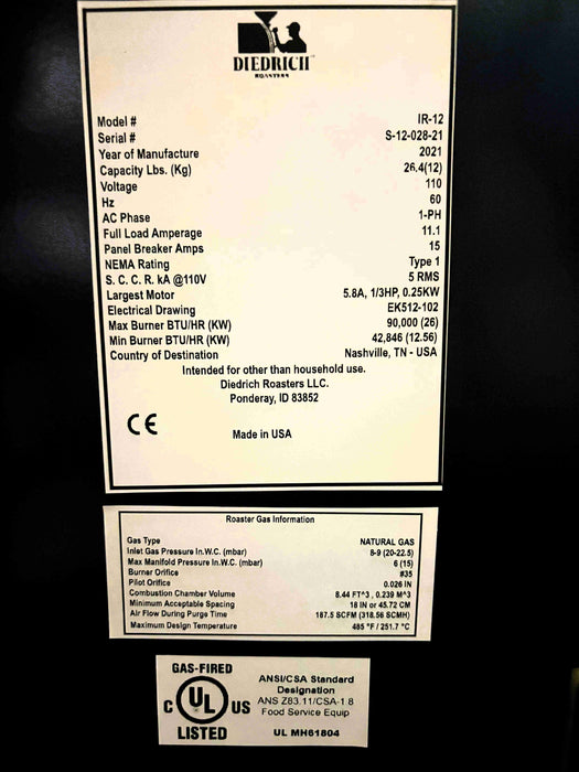 12 kg - Diedrich IR-12 - 2021 - Excellent Condition - Used