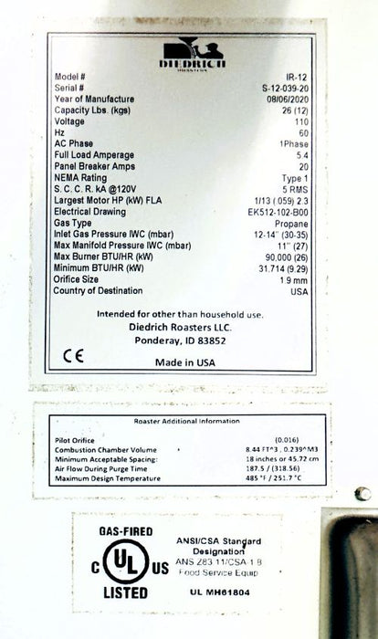 12 kg - Diedrich IR-12 - 2020 - Excellent Condition - Used