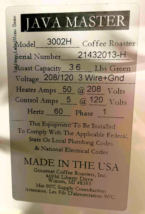 1.36 kg / 3 lbs - Java Master Coffee Roaster 2002RM/3002H - Very Good Condition - Used