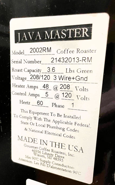 1.36 kg / 3 lbs - Java Master Coffee Roaster 2002RM/3002H - Very Good Condition - Used