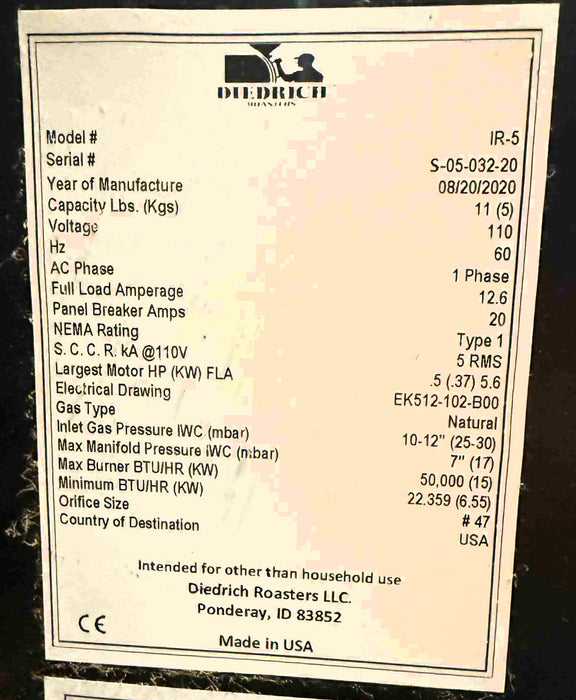 5 kg - Diedrich IR-5 - 2020 - Excellent Condition - Used