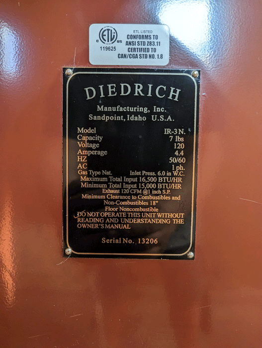 3 kilo Diedrich IR-3 Roaster - 2013 Model - Good Condition