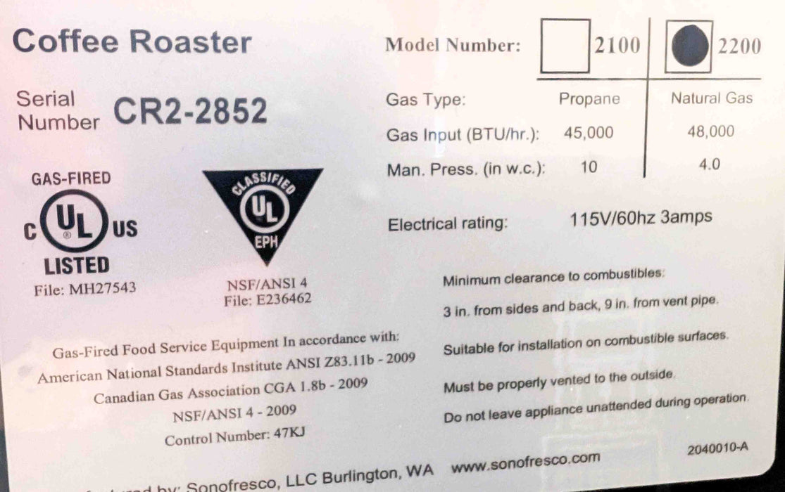 2 lb  - Sonofresco CR2- 2200 Profile Roaster - 2024 Model - Excellent Condition - Used