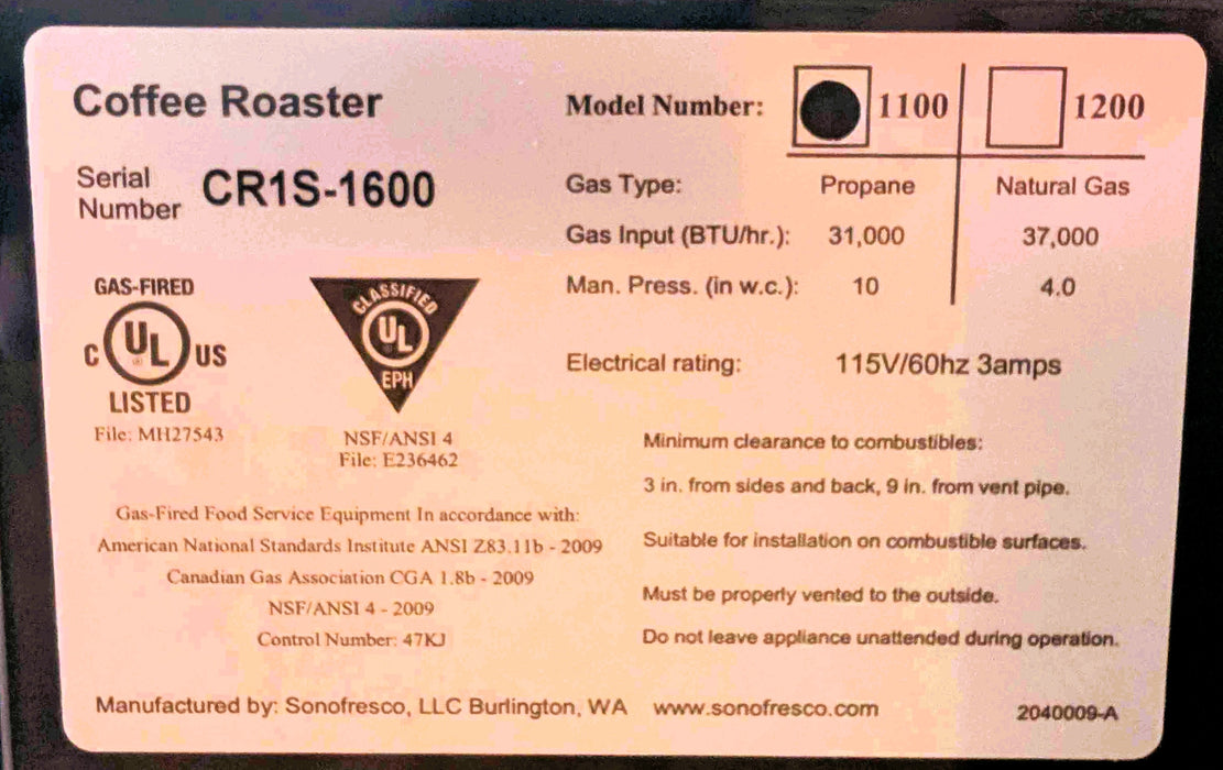 1lb  - Sonofresco CR1S-1100  Profile Roaster - 2023 Model - Excellent Condition - Used
