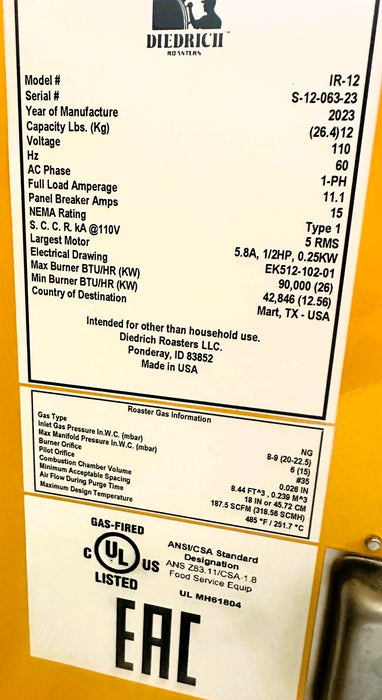 12 Kg - Diedrich IR-12 - 2023 (Factory Crate Included) - Never Used
