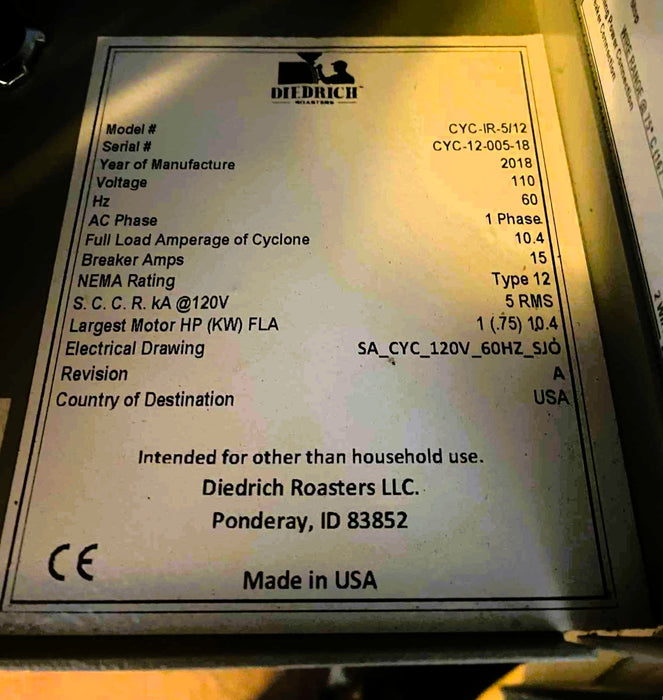 5kg / 12kg - Diedrich CYC Chaff Collector - 2018 - Very Good Condition - Used (Crating Included)