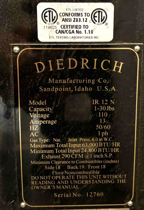 12 kg - Diedrich's IR-12 Roaster - 2010 - Excellent Condition - Used