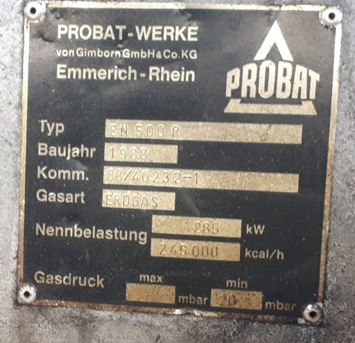 Probat 1988 EN 500 R Nameplate